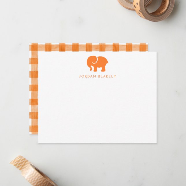 Baby Note Card, Orange Elephant Gingham Flat Card (Front/Back In Situ)