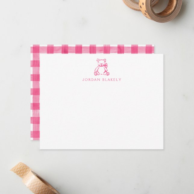 Baby Note Card, Pink Teddy Bear Gingham Flat Card (Front/Back In Situ)