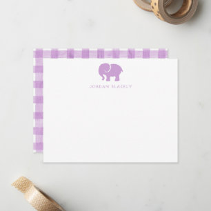 Baby Note Card, Purple Elephant Gingham Flat Card