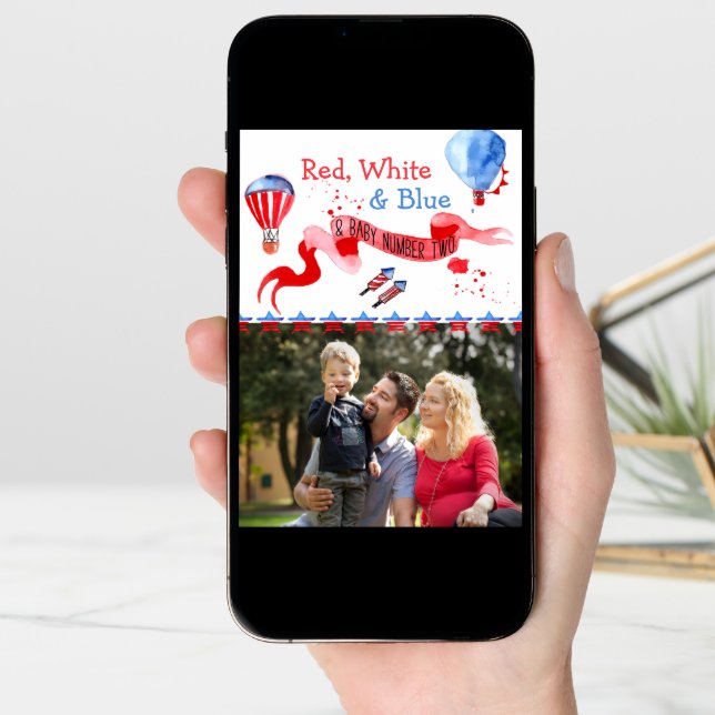 Baby Number Two Red White and Blue Photo Pregnancy Announcement (Front Digital)