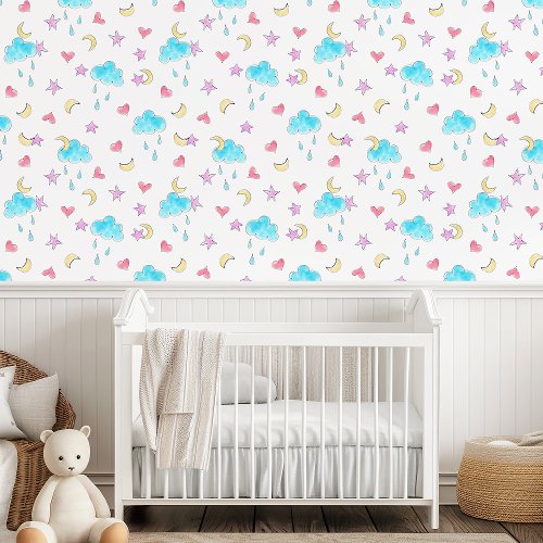 Baby Nursery Cloud Moon Cute Purple Blue Pink Wallpaper