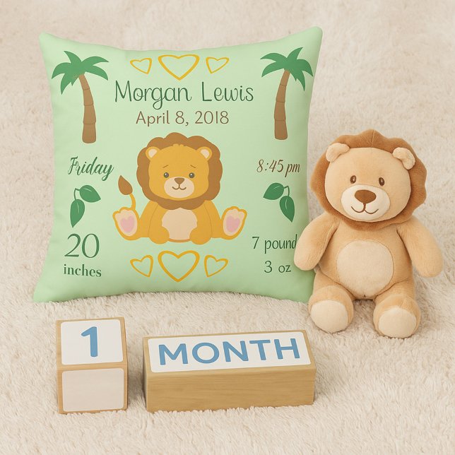 Baby Nursery Lion Safari Birth Stats Throw Pillow (Creator Uploaded)