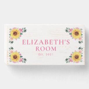 Baby Nursery Sunflower Pink Floral Name Wooden Box Sign