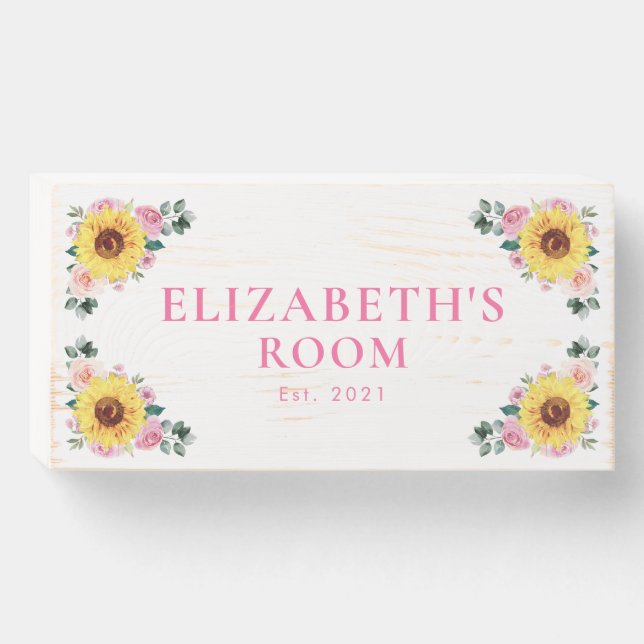 Baby Nursery Sunflower Pink Floral Name Wooden Box Sign (Front Horizontal)