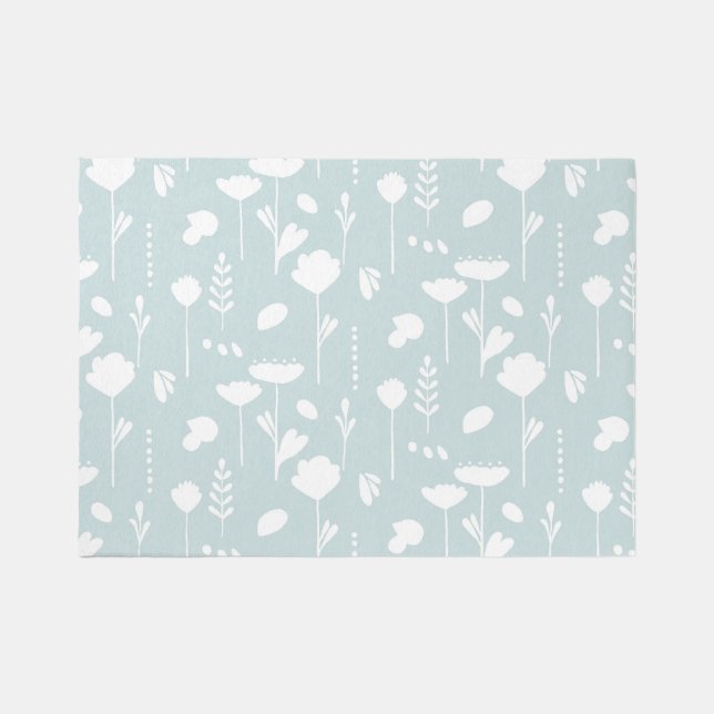 Baby Nursery Wildflower Floral Modern Blue n White Rug (Front)
