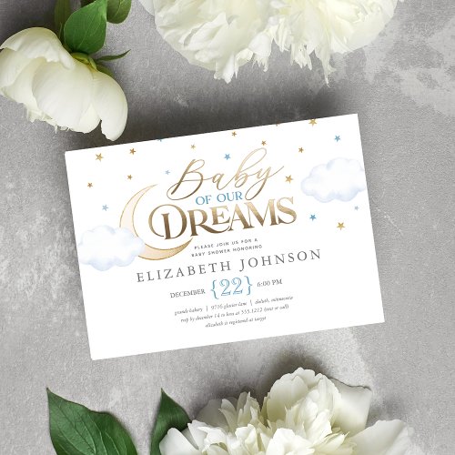 Baby of our Dreams Moon and Stars Blue Baby Shower Invitation