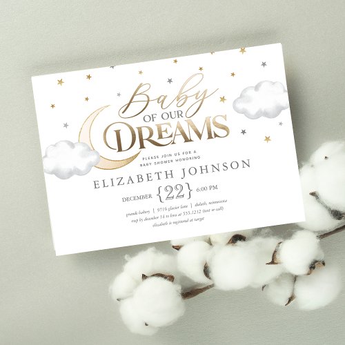 Baby of our Dreams Moon and Stars Gray Baby Shower Invitation