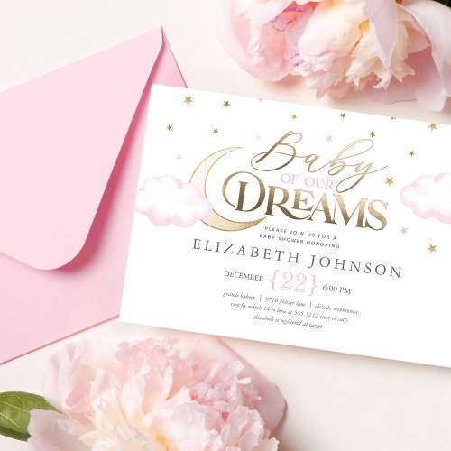 Baby of our Dreams Moon and Stars Pink Baby Shower Invitation