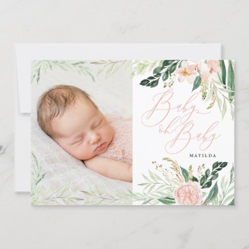 Baby oh baby pink floral photo birth announcement