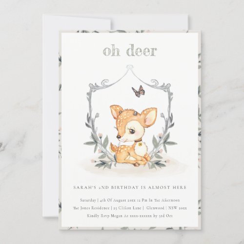 Baby Oh Deer Floral Crest Any Age Birthday Invite