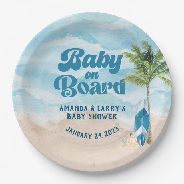Baby on Board Beach Boy Baby Shower Paper Plates (Front)