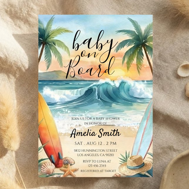 baby on board beach coast surfboard baby shower invitation (Creator Uploaded)