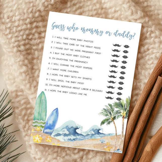 Baby on Board Beach Guess who Mommy or Daddy Game (Surfing Summer Boy Baby Shower Guess who Mommy or Daddy Game)