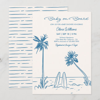 Baby on Board Beach Palms & Surfboard Baby Shower Invitation