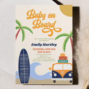 Baby On Board Beach Surf Blue Retro Baby Shower Invitation