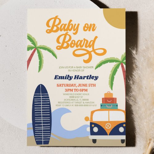 Baby On Board Beach Surf Blue Retro Baby Shower Invitation