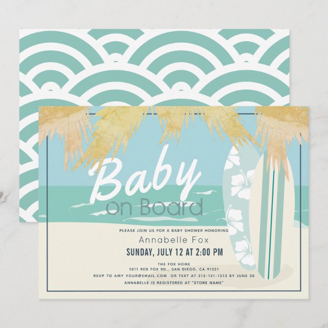 Baby on Board Beach Surf Boy Baby Shower Invitation (Front/Back)