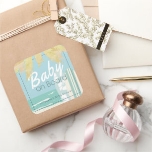 Baby on Board Beach Surf Boy Baby Shower Square Sticker
