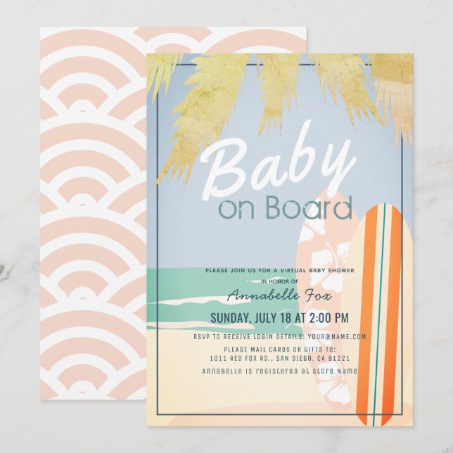 Baby on Board Beach Surf Girl Virtual Baby Shower Invitation (Front/Back)