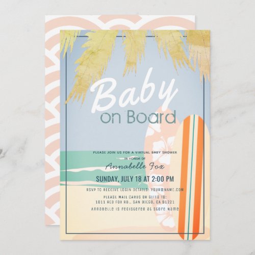 Baby on Board Beach Surf Girl Virtual Baby Shower Invitation