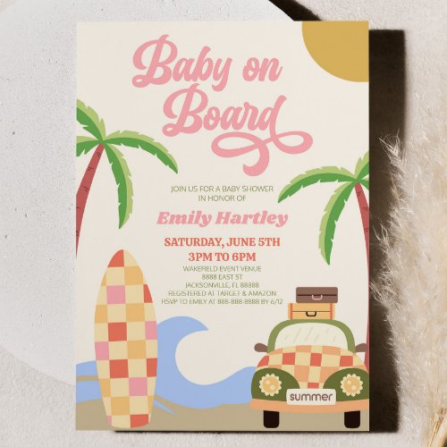 Baby On Board Beach Surf Pink Retro Baby Shower Invitation