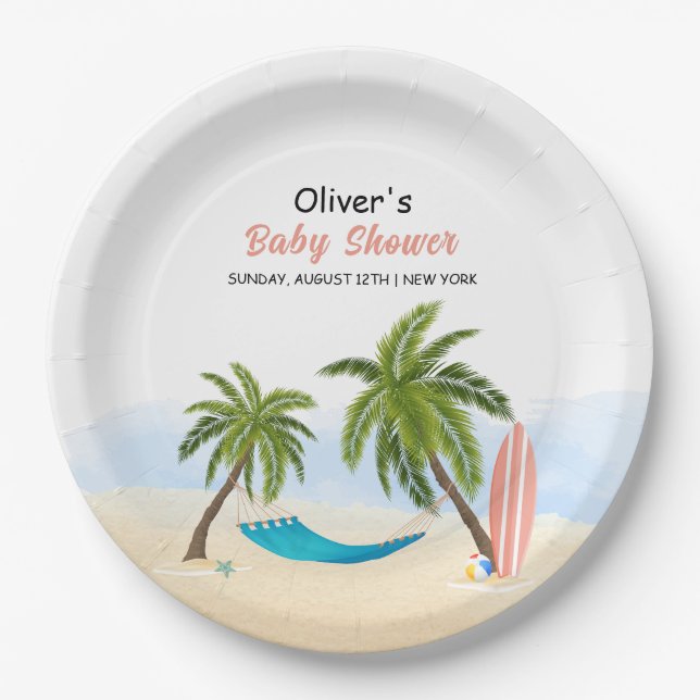 Baby On Board Beach Surfing Baby Shower  Paper Plates (Front)