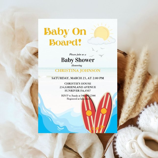 Baby on board beach surfing board baby shower invitation (Creator Uploaded)