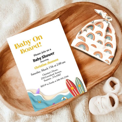 Baby on board beach surfing board baby shower invitation
