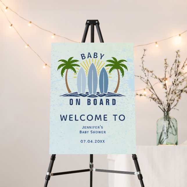 Baby on board blue boy baby shower welcome sign (In Situ (Stand))