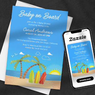 Baby on Board Blue Tropical Beach Baby Shower Invitation