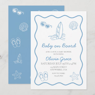 Baby on Board doodle Surfboard Beach Baby Shower Invitation