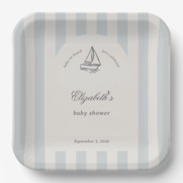 Baby On Board Elegant Blue Sailboat Baby Shower Paper Plates (Front)
