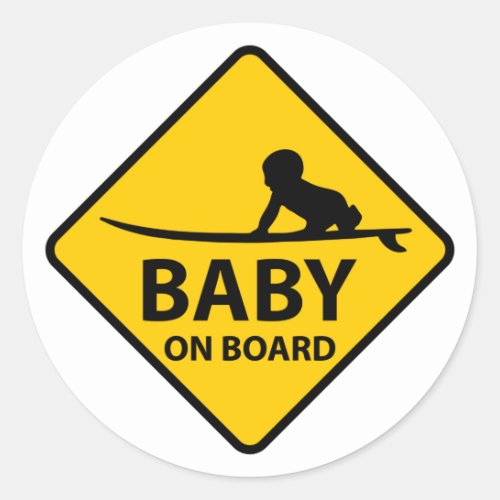 Baby on Board funny baby design with surf board Classic Round Sticker