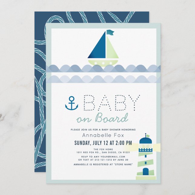 Baby on Board Nautical Blue Boy Baby Shower Invitation (Front/Back)