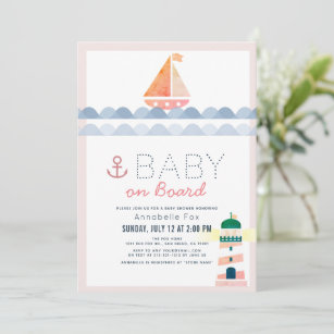Baby on Board Nautical Pink Girl Baby Shower Invitation