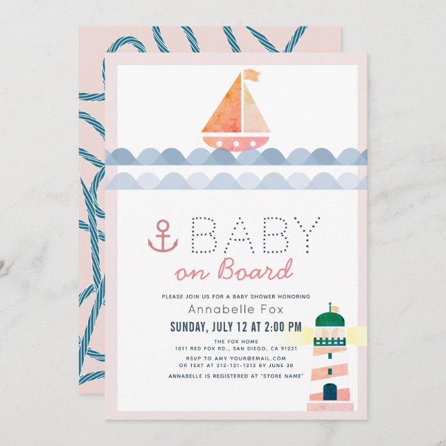 Baby on Board Nautical Pink Girl Baby Shower Invitation (Front/Back)