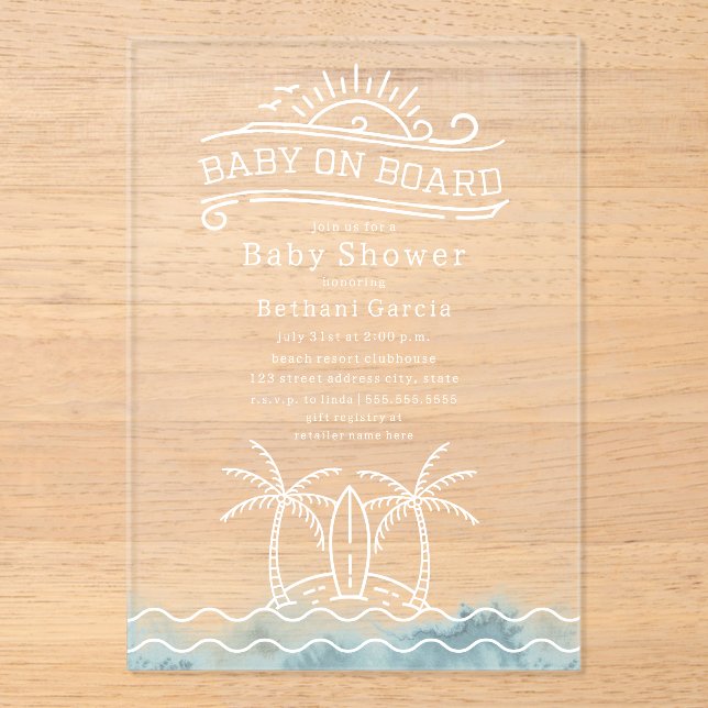 Baby On Board Ocean Waves Neutral Baby Shower Acrylic Invitations (Front)
