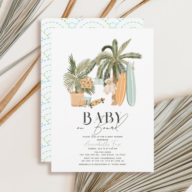Baby on Board Palm Tree Surfboard Baby Shower Invitation (Creator Uploaded)