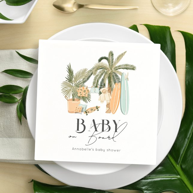 Baby on Board Palm Tree Surfboard Baby Shower Napkins (Creator Uploaded)