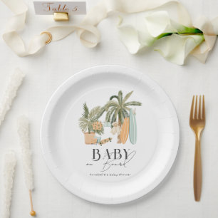 Baby on Board Palm Tree Surfboard Baby Shower Paper Plates