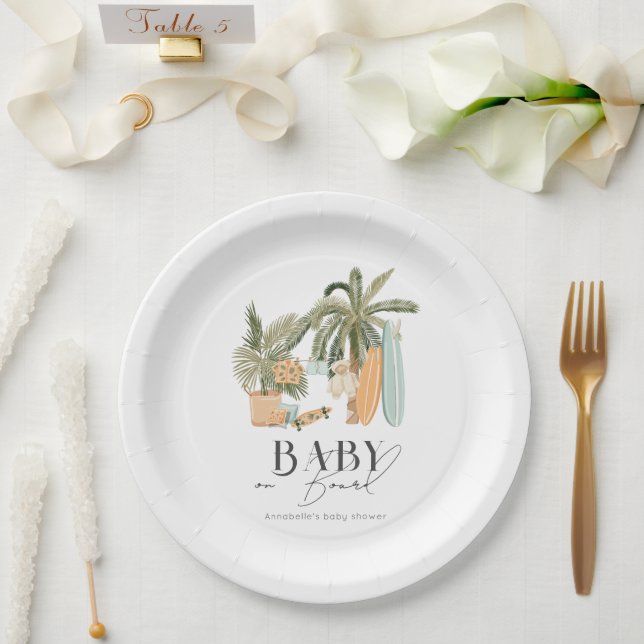 Baby on Board Palm Tree Surfboard Baby Shower Paper Plates (Wedding)