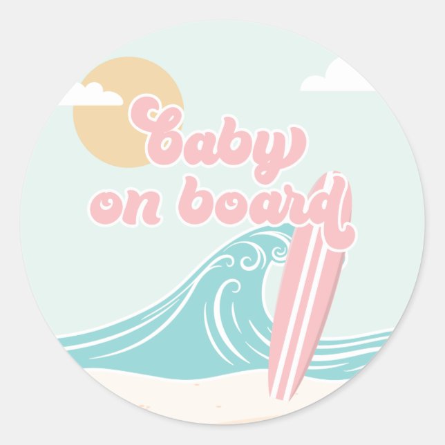 Baby on Board Pink Beach Baby Shower Classic Round Sticker (Front)