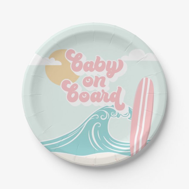 Baby on Board Pink Beach Baby Shower Paper Plates (Front)