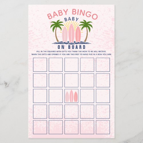 Baby on board pink girl baby shower Bingo game Flyer