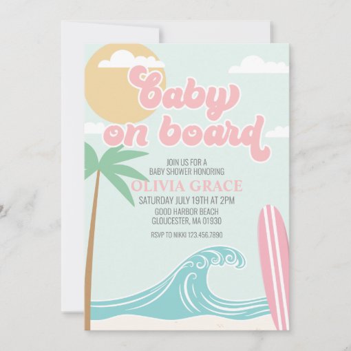 Baby On Board Pink Surf Beach Baby Shower Invitation | Zazzle