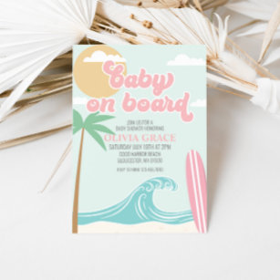 Baby on Board Pink Surf Beach Baby Shower Invitation