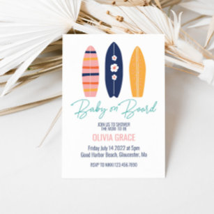 Baby on Board Pink Surfboard Baby Shower Invitation