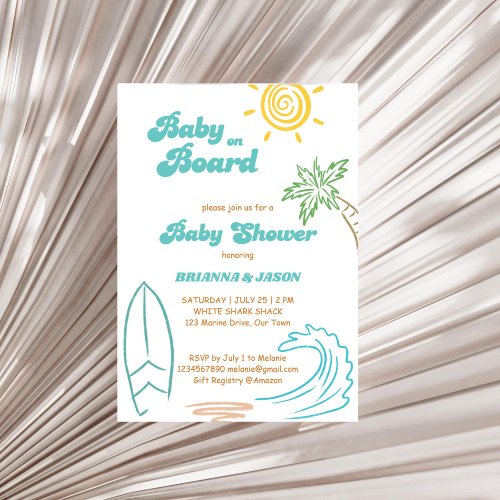 Baby on board retro doodle surfing baby shower invitation