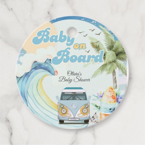 Baby on Board Retro Surfing Beach Baby Shower Favor Tags