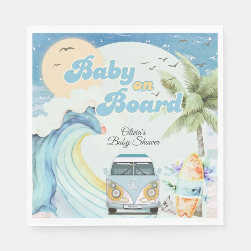 Baby on Board Retro Surfing Beach Baby Shower Napkins